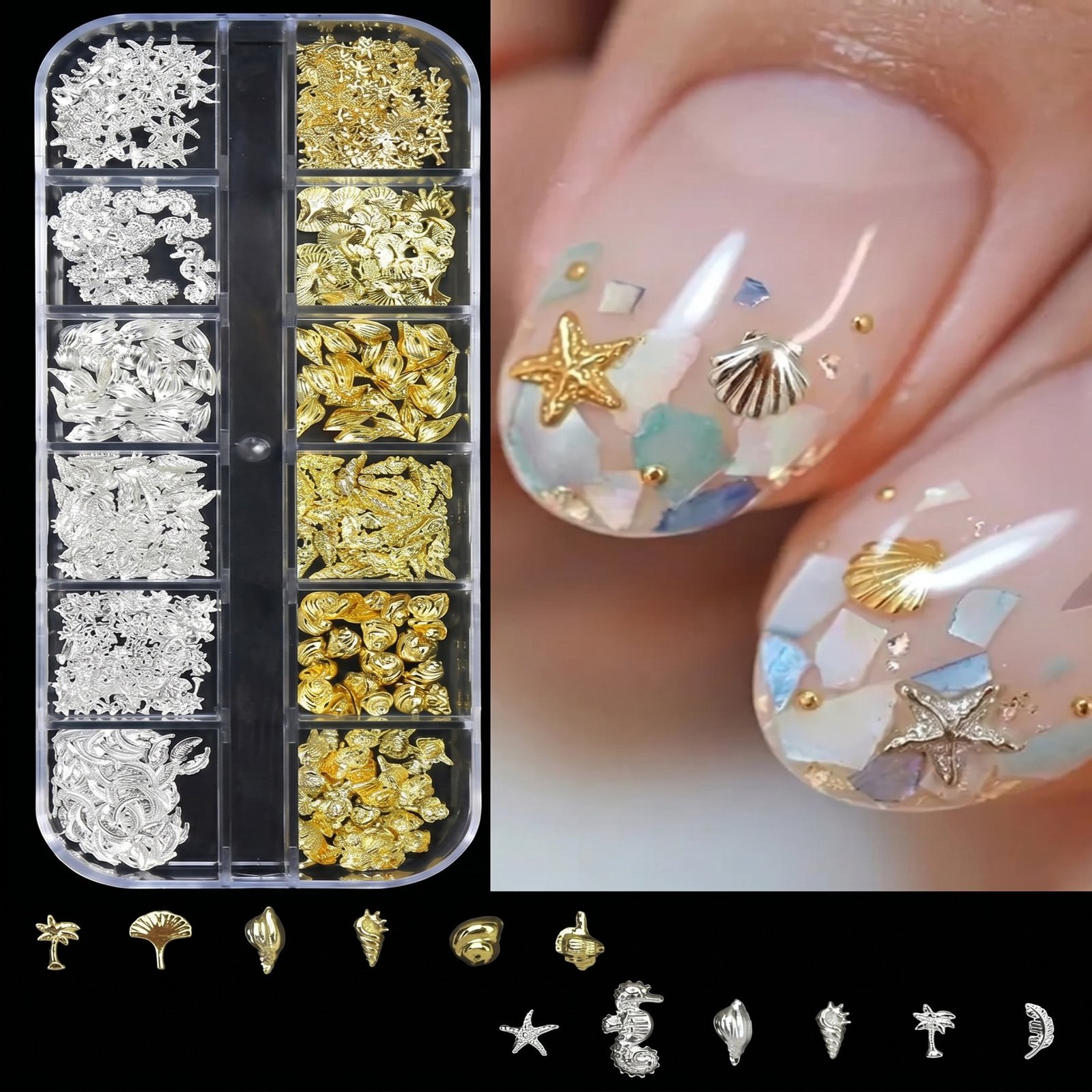Gold nail charm decorations 12 grids-4