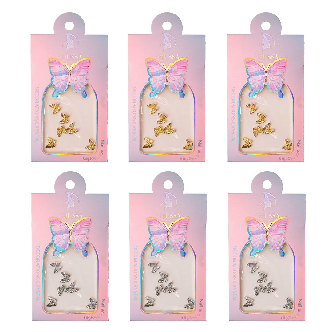 Butterfly nail charms - 6 pieces -white/pink/rainbow