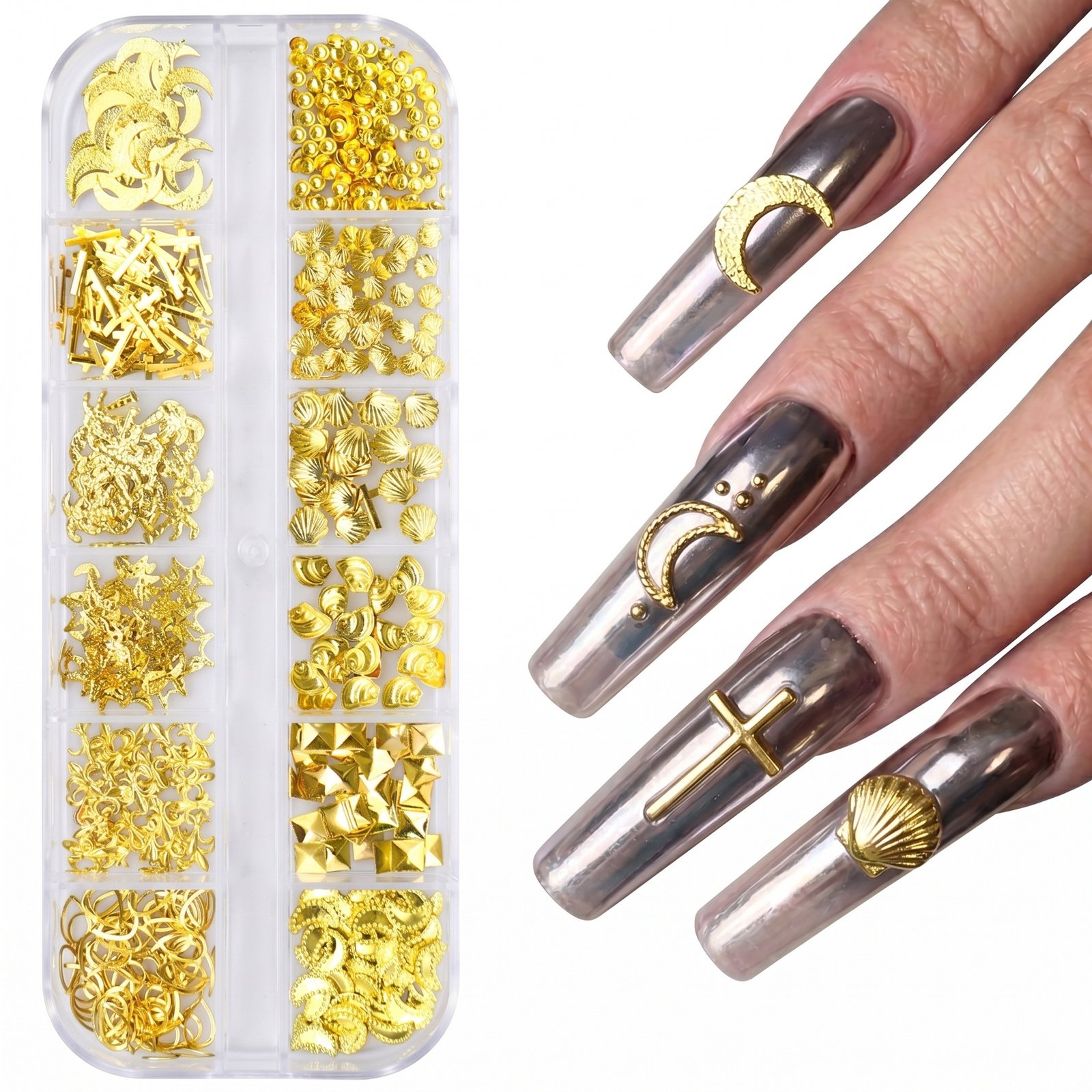 Gold nail charm decorations 12 grids-4