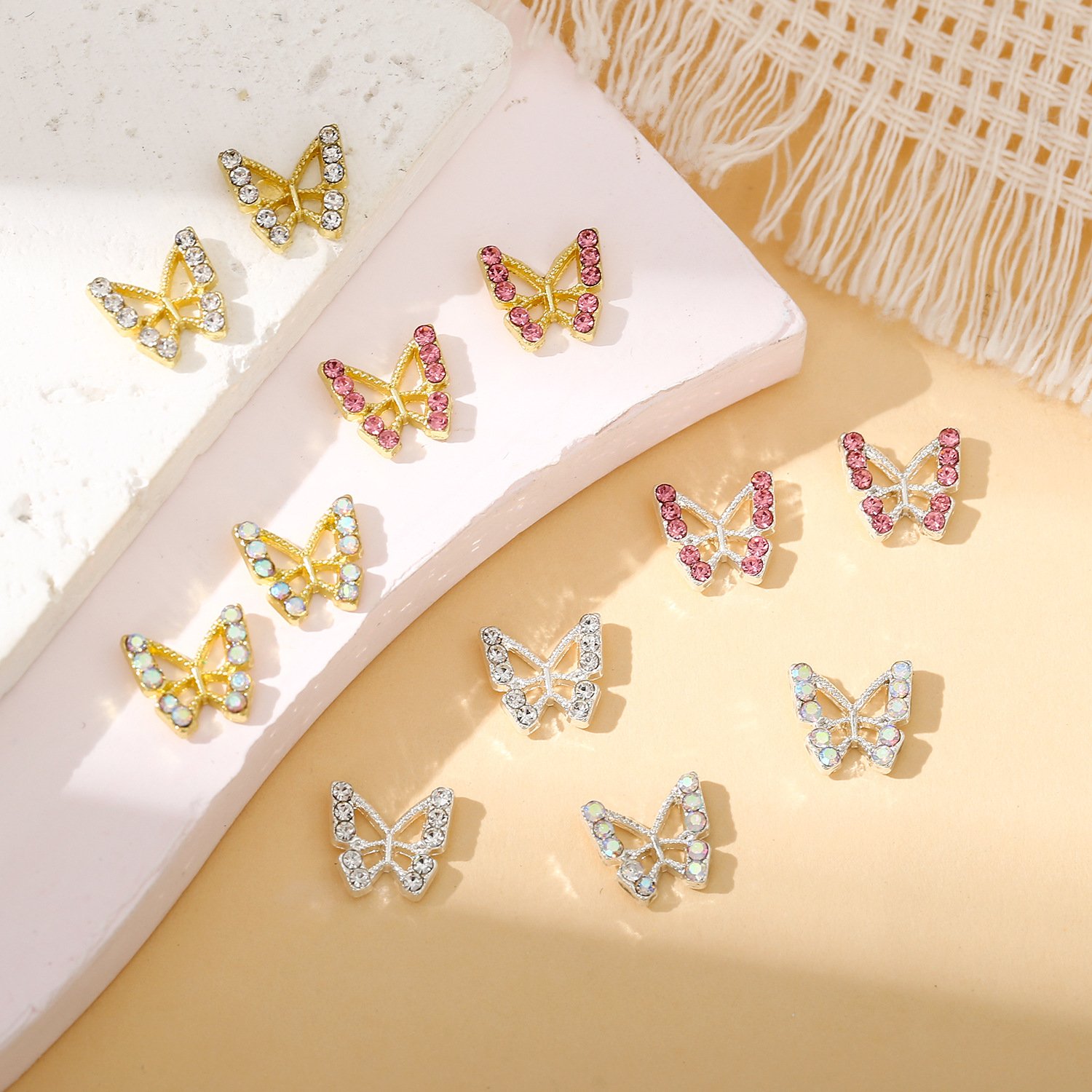 Butterfly nail charms - 6 pieces -white/pink/rainbow