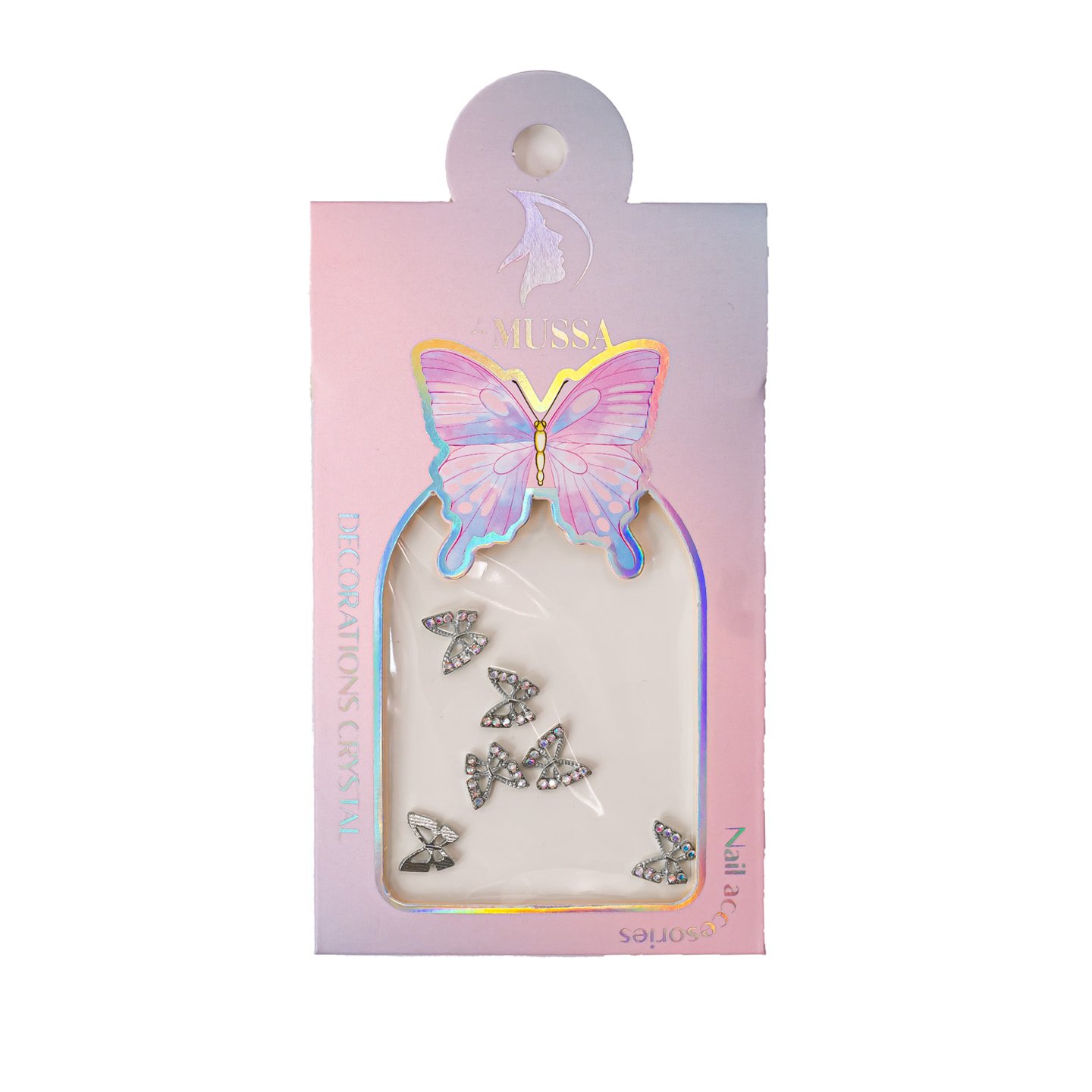 Butterfly nail charms - 6 pieces -white/pink/rainbow