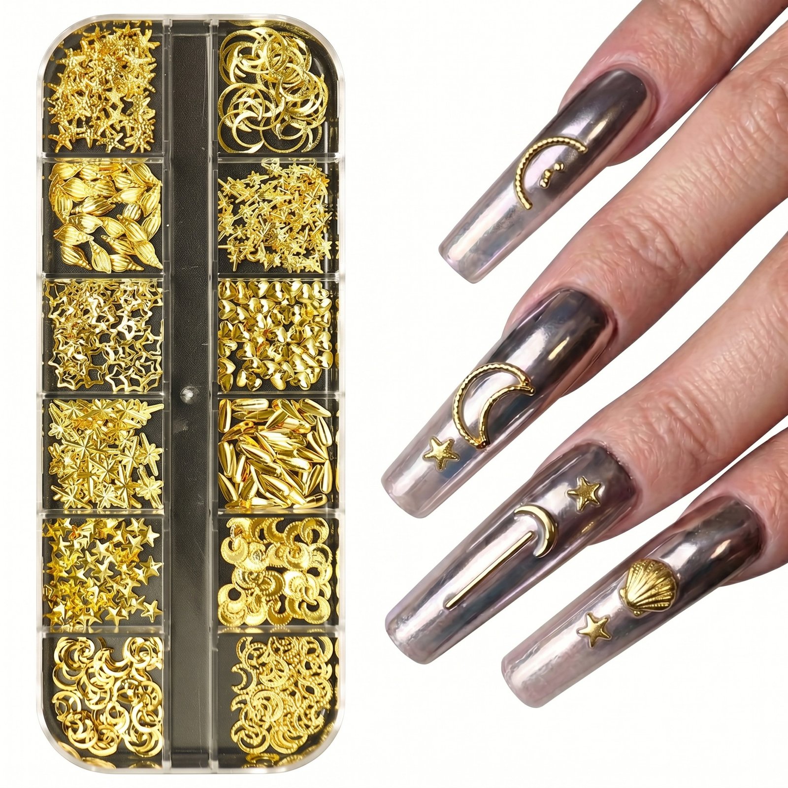 Gold nail charm decorations 12 grids-5