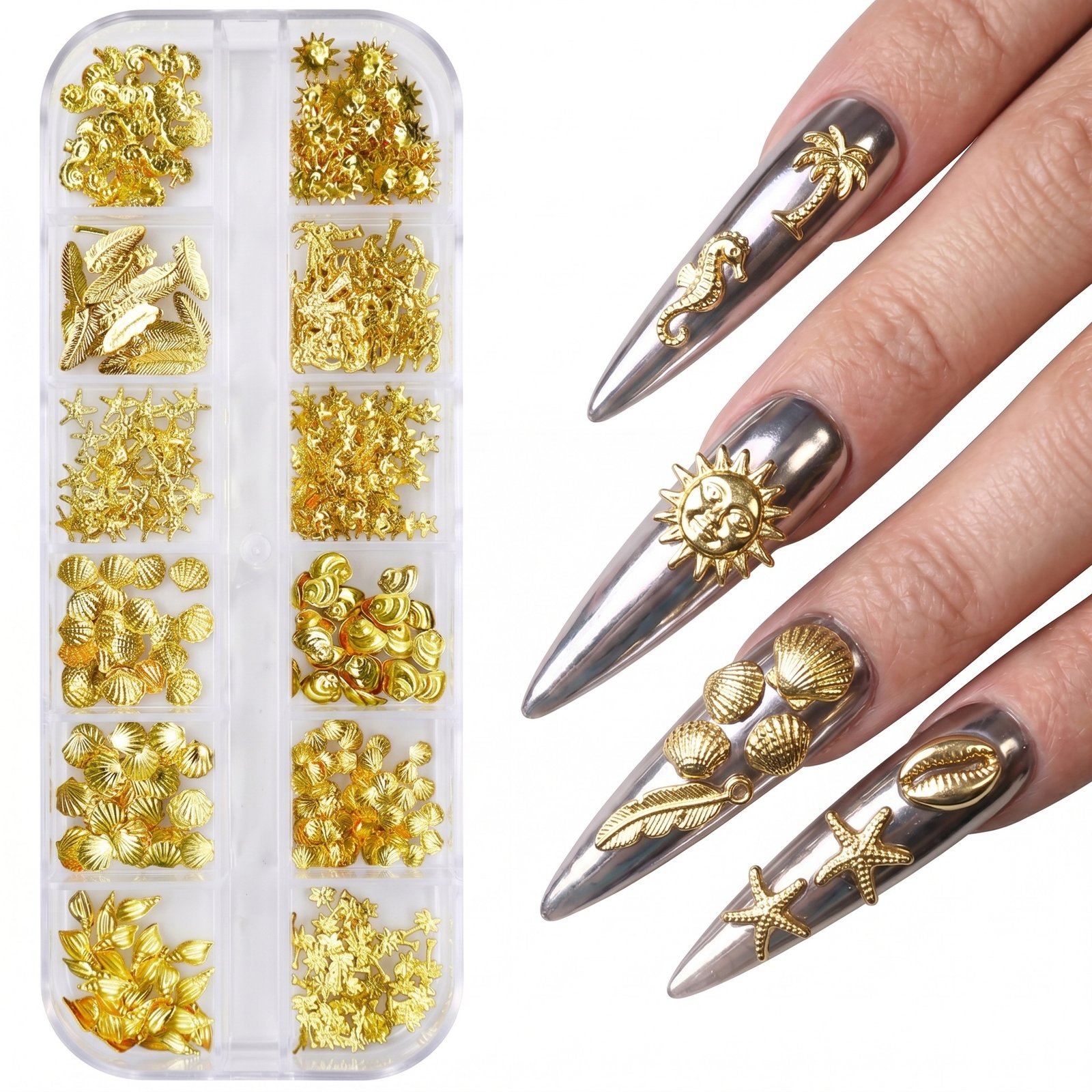 Gold nail charm decorations 12 grids-5