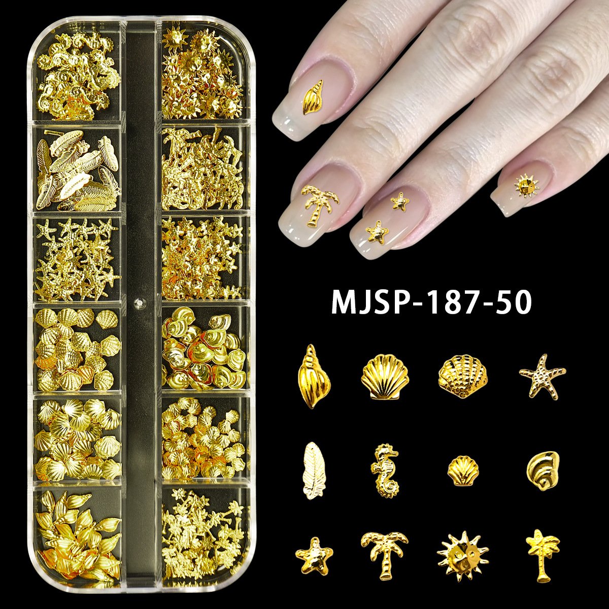 Gold nail charm decorations 12 grids-4